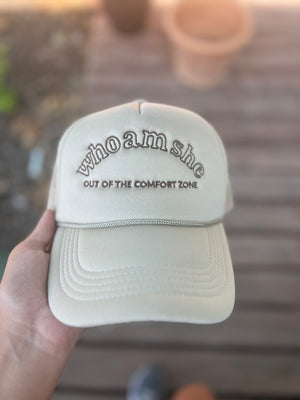 “Who am she” embroidered trucker hat
